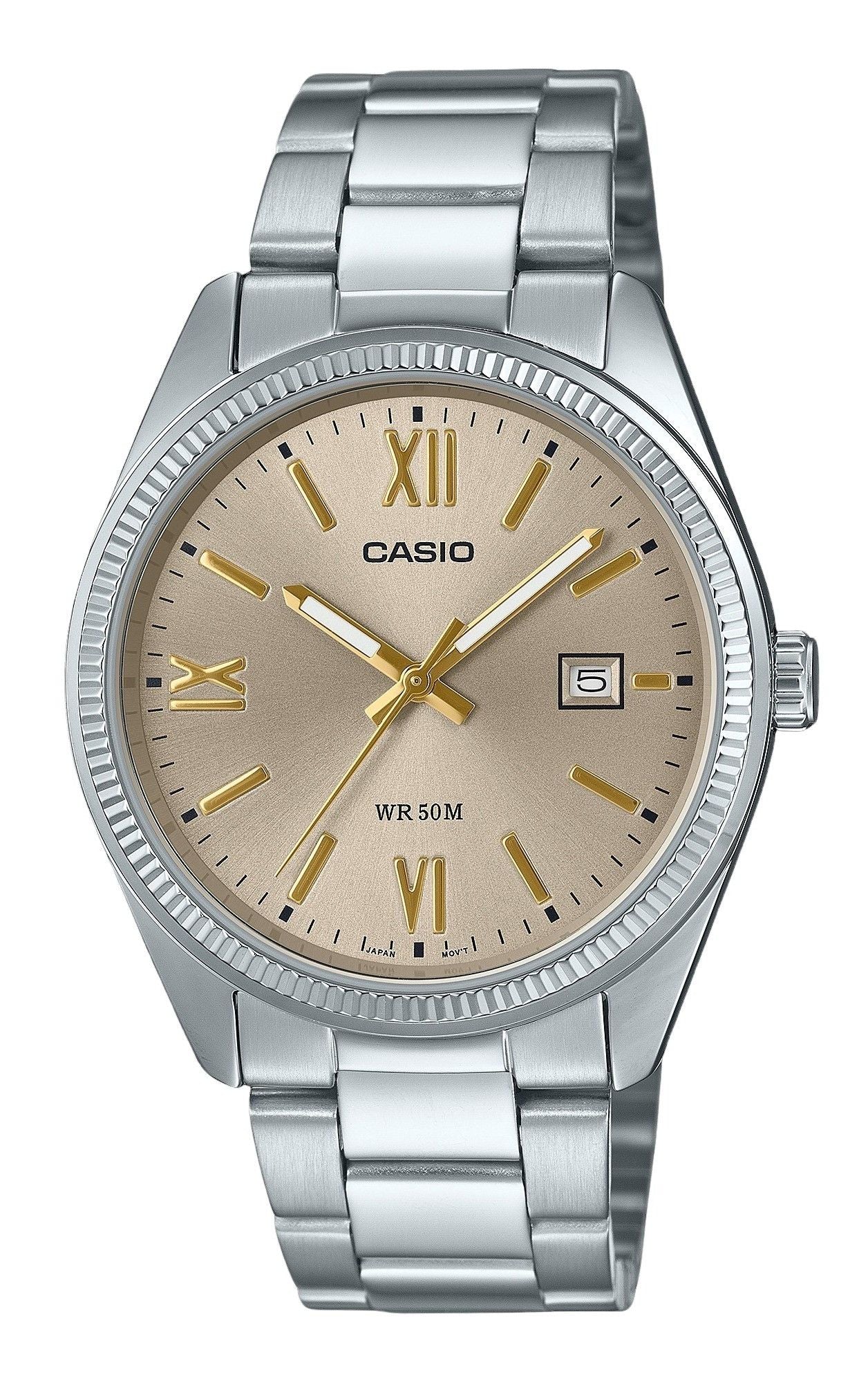 Casio Standard Quartz movement Beige Stainless steel Male MTP-1302DD-9AV. A brand-new Casio Standard watch featuring a Beige dial and a Stainless steel strap. Side view.