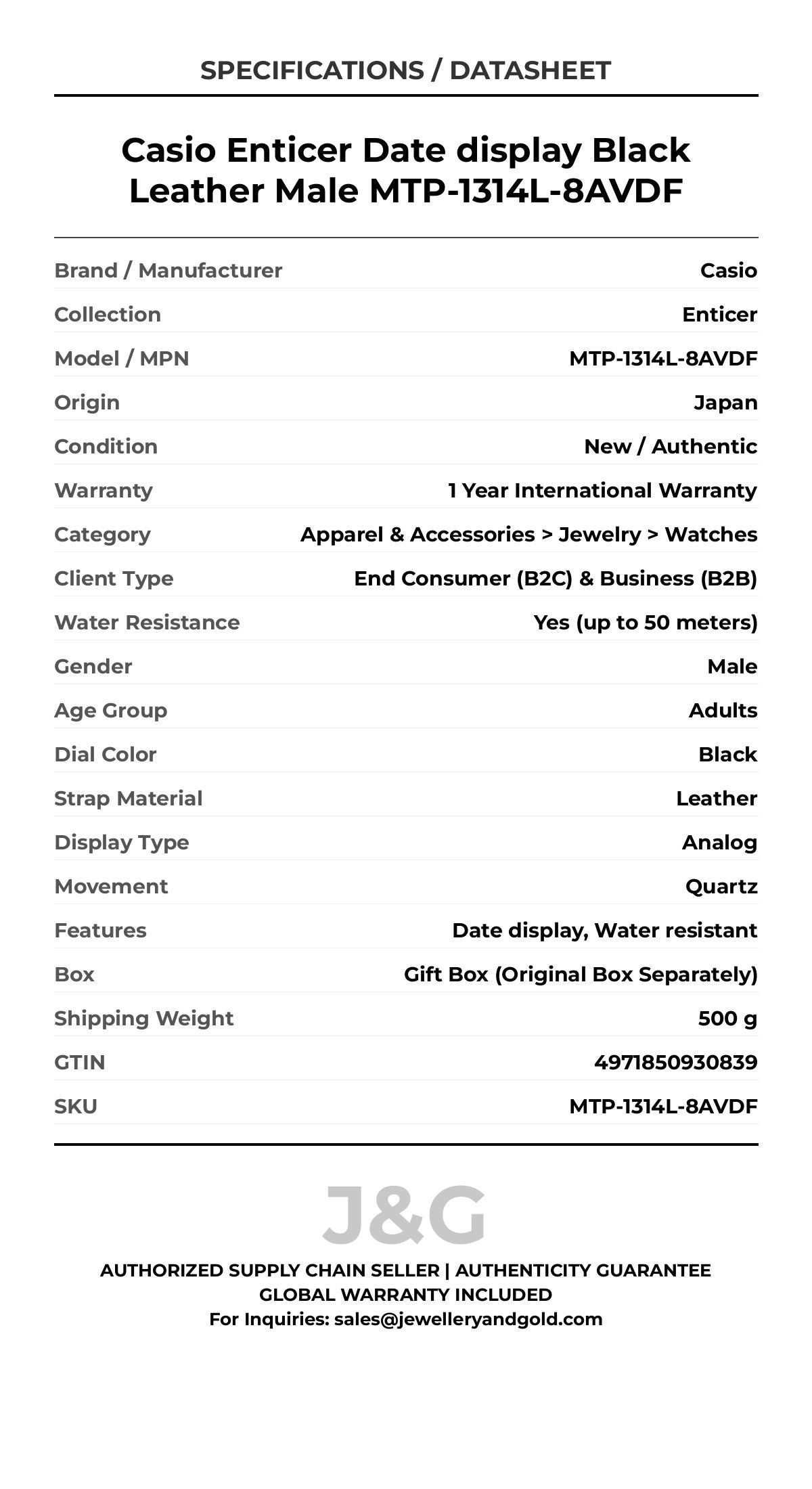 Casio Enticer Date display Black Leather Male MTP-1314L-8AVDF - Specifications
