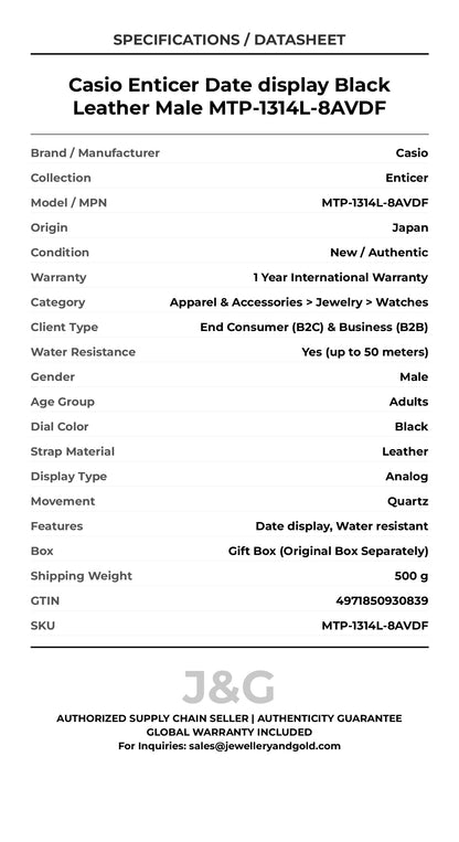 Casio Enticer Date display Black Leather Male MTP-1314L-8AVDF - Specifications