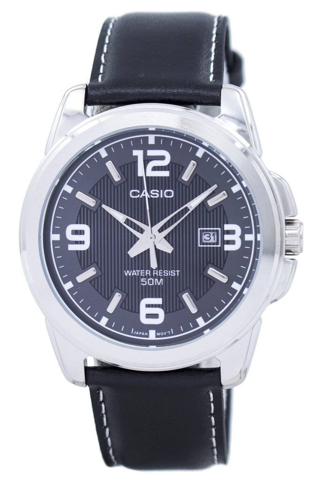 Casio Enticer Date display Black Leather Male MTP-1314L-8AVDF. A brand-new Casio Enticer watch featuring a Black dial and a Leather strap. Side view.