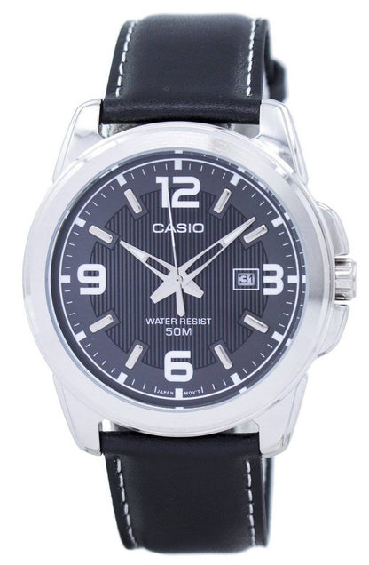 Casio Enticer Date display Black Leather Male MTP-1314L-8AVDF. A brand-new Casio Enticer watch featuring a Black dial and a Leather strap. Side view.