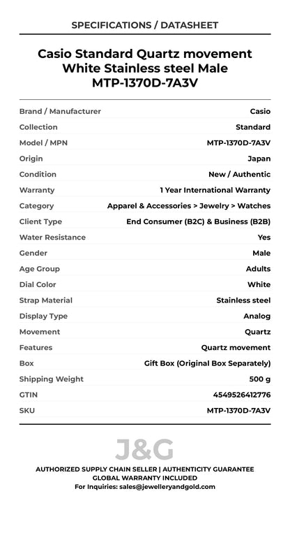 Casio Standard Quartz movement White Stainless steel Male MTP-1370D-7A3V - Specifications