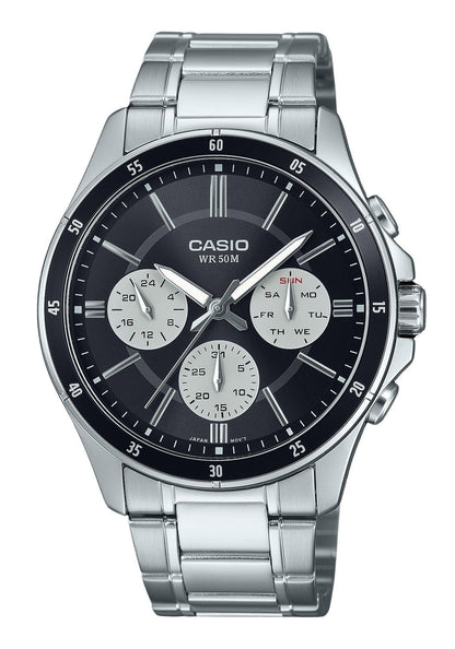 Casio Standard Quartz movement Black Stainless steel Male MTP-1374D-1A3V. A brand-new Casio Standard watch featuring a Black dial and a Stainless steel strap. Side view.