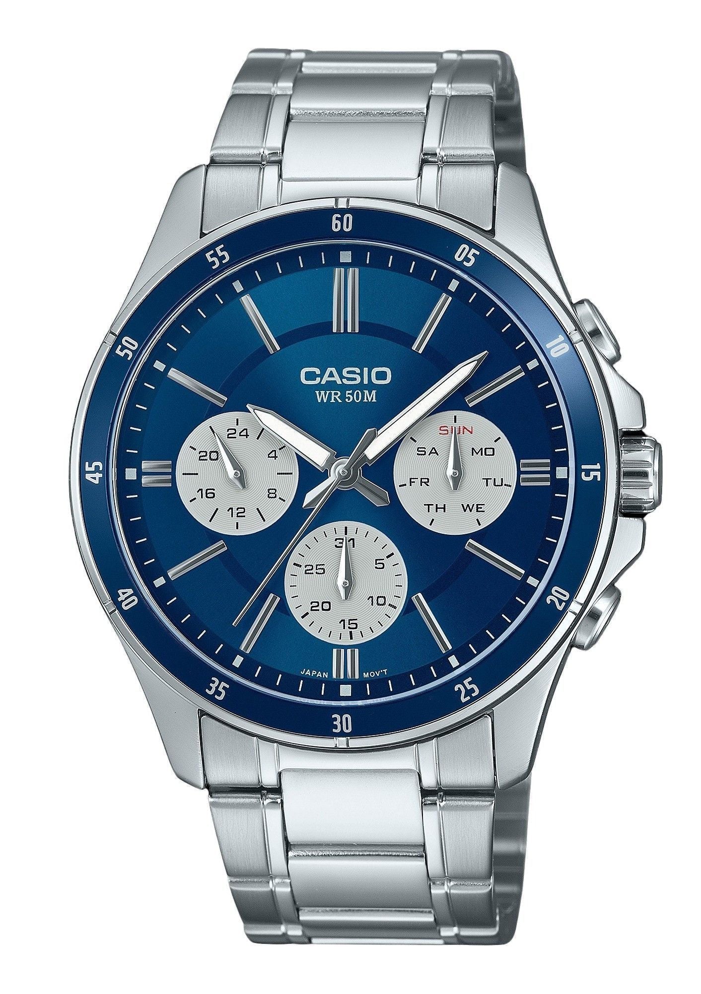Casio Standard Quartz movement Blue Stainless steel Male MTP-1374D-2A3V. A brand-new Casio Standard watch featuring a Blue dial and a Stainless steel strap. Front view.