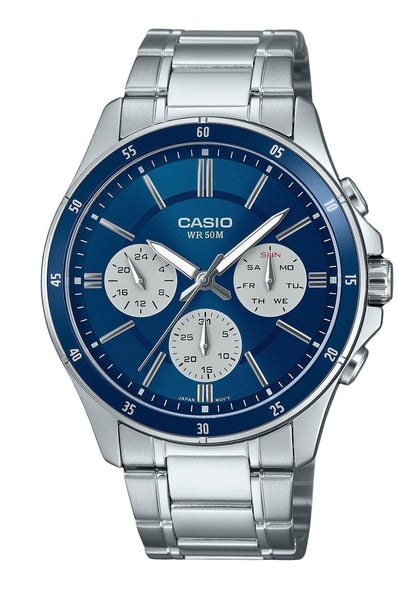 Casio Standard Quartz movement Blue Stainless steel Male MTP-1374D-2A3V. A brand-new Casio Standard watch featuring a Blue dial and a Stainless steel strap. Front view.