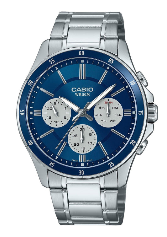 Casio Standard Quartz movement Blue Stainless steel Male MTP-1374D-2A3V. A brand-new Casio Standard watch featuring a Blue dial and a Stainless steel strap. Front view.
