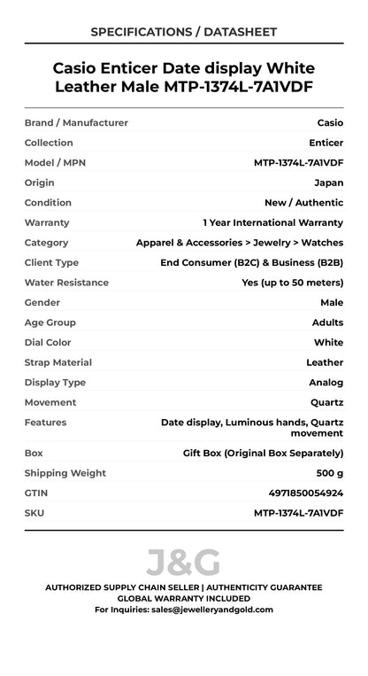 Casio Enticer Date display White Leather Male MTP-1374L-7A1VDF - Specifications