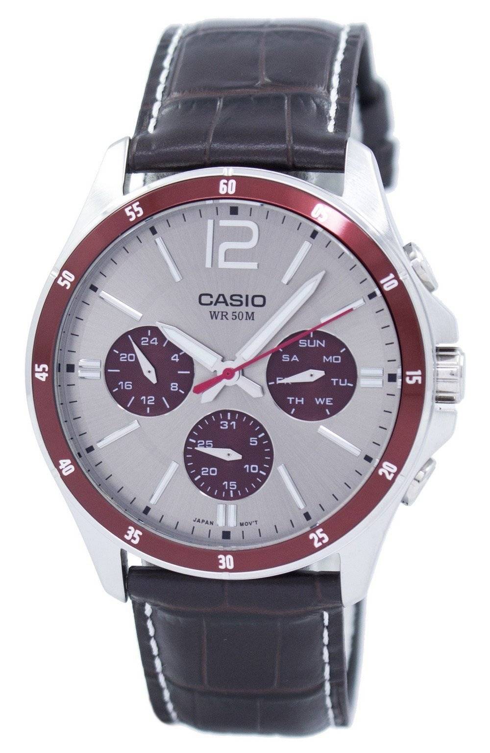 Casio Enticer Date display White Leather Male MTP-1374L-7A1VDF. A brand-new Casio Enticer watch featuring a White dial and a Leather strap. Front view.