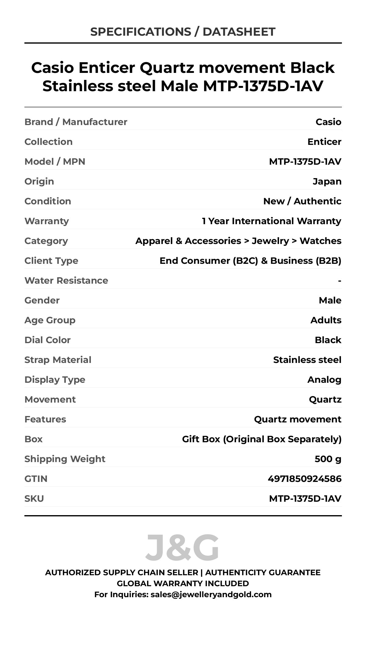 Casio Enticer Quartz movement Black Stainless steel Male MTP-1375D-1AV - Specifications