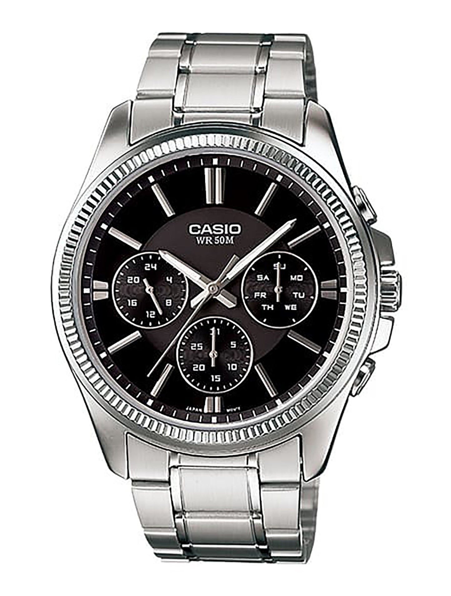 Casio Enticer Quartz movement Black Stainless steel Male MTP-1375D-1AV. A brand-new Casio Enticer watch featuring a Black dial and a Stainless steel strap. Side view.