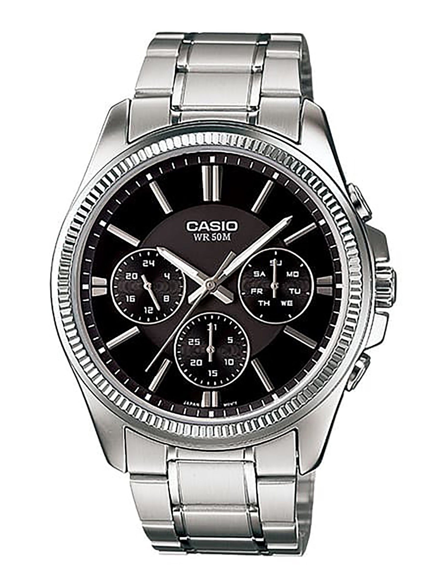 Casio Enticer Quartz movement Black Stainless steel Male MTP-1375D-1AV. A brand-new Casio Enticer watch featuring a Black dial and a Stainless steel strap. Side view.
