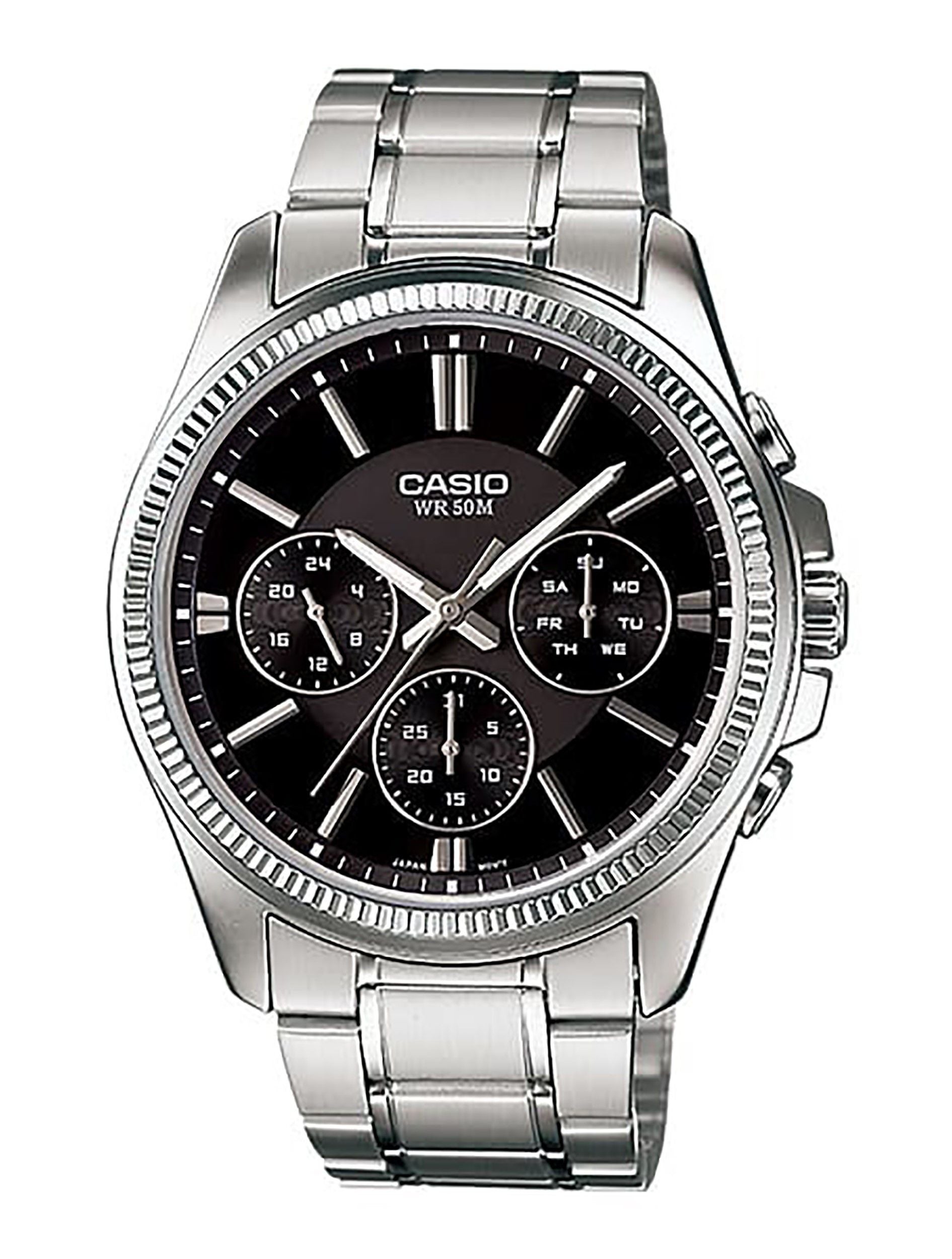 Casio Enticer Quartz movement Black Stainless steel Male MTP-1375D-1AV. A brand-new Casio Enticer watch featuring a Black dial and a Stainless steel strap. Side view.