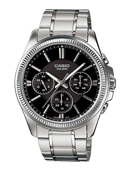 Casio Enticer Quartz movement Black Stainless steel Male MTP-1375D-1AV. A brand-new Casio Enticer watch featuring a Black dial and a Stainless steel strap. Side view.