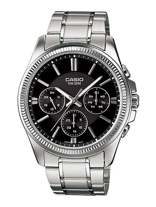 Casio Enticer Quartz movement Black Stainless steel Male MTP-1375D-1AV. A brand-new Casio Enticer watch featuring a Black dial and a Stainless steel strap. Side view.