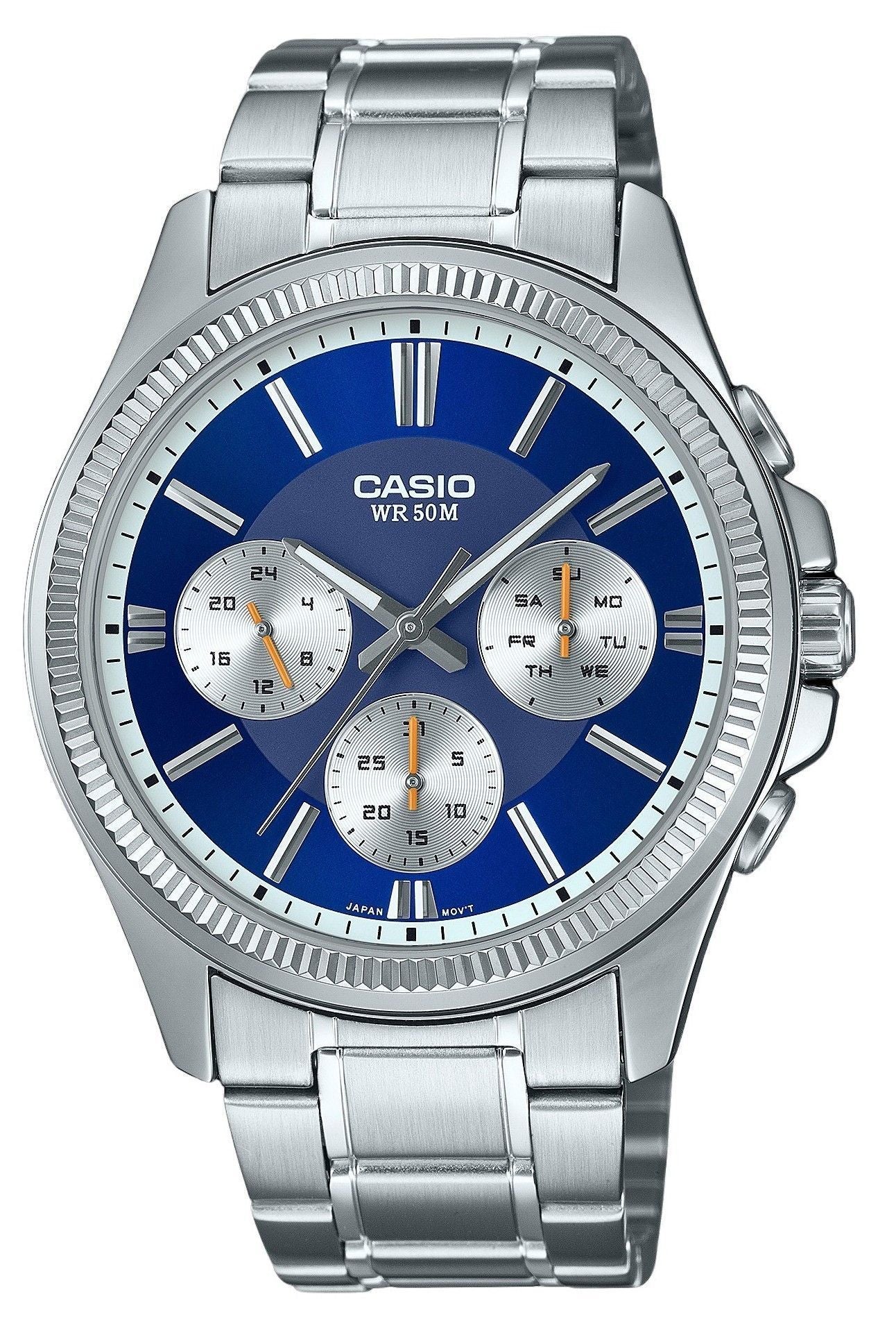 Casio Enticer Quartz movement Blue Stainless steel Male MTP-1375D-2A1. A brand-new Casio Enticer watch featuring a Blue dial and a Stainless steel strap. Angled view.