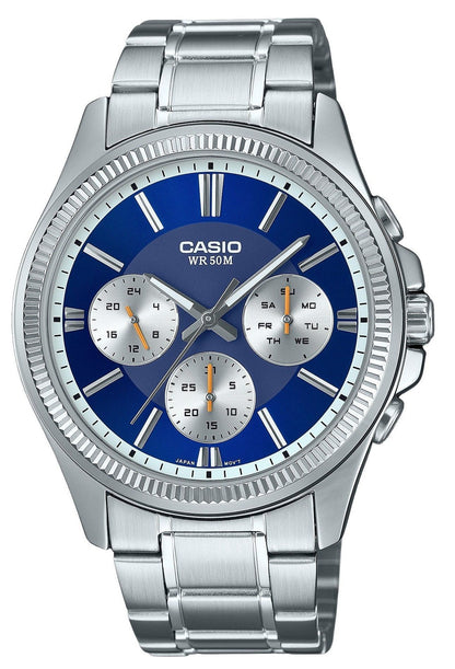 Casio Enticer Quartz movement Blue Stainless steel Male MTP-1375D-2A1. A brand-new Casio Enticer watch featuring a Blue dial and a Stainless steel strap. Angled view.