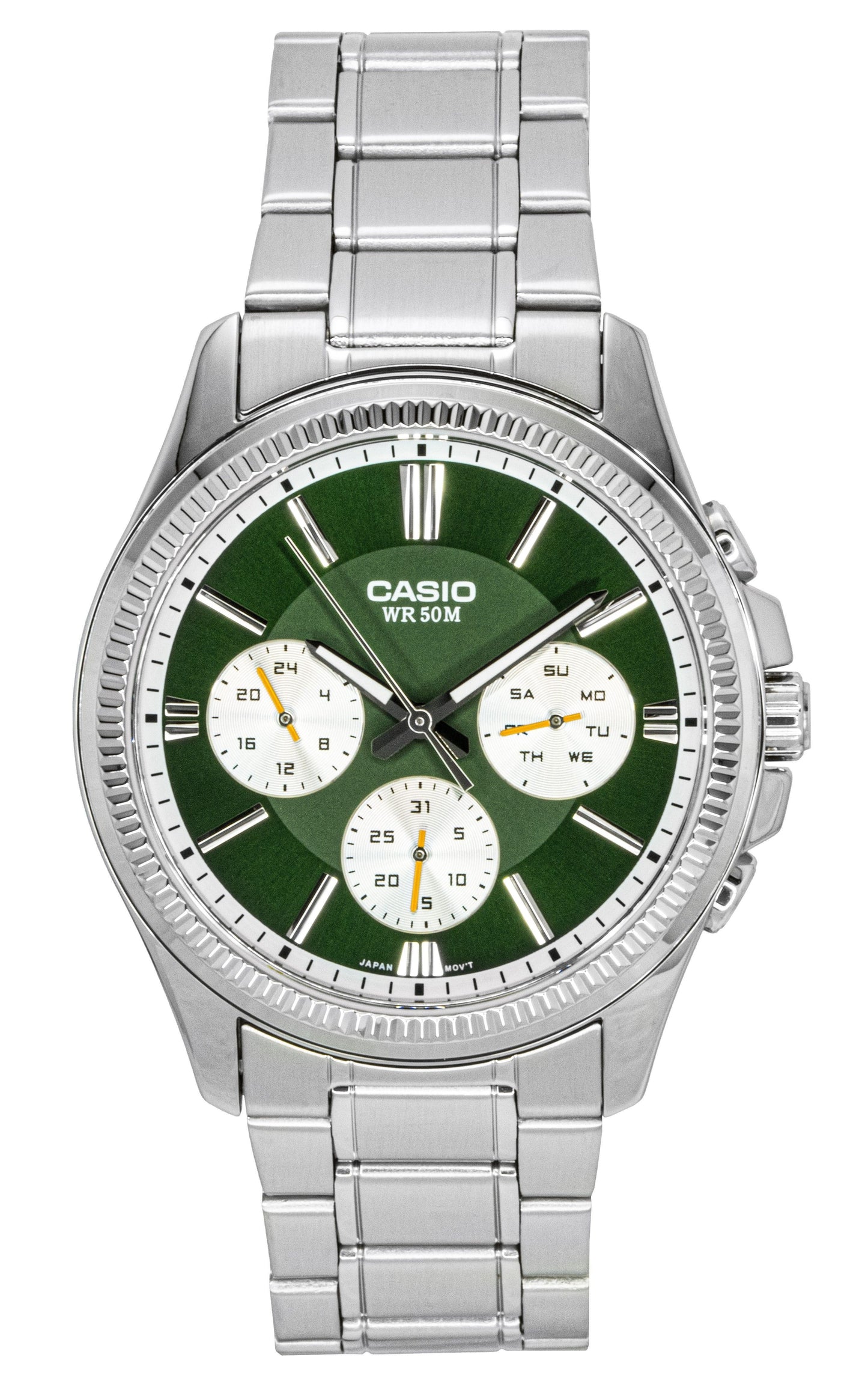 Casio Enticer Quartz movement Green Stainless steel Male MTP-1375D-3. A brand-new Casio Enticer watch featuring a Green dial and a Stainless steel strap. Front view.