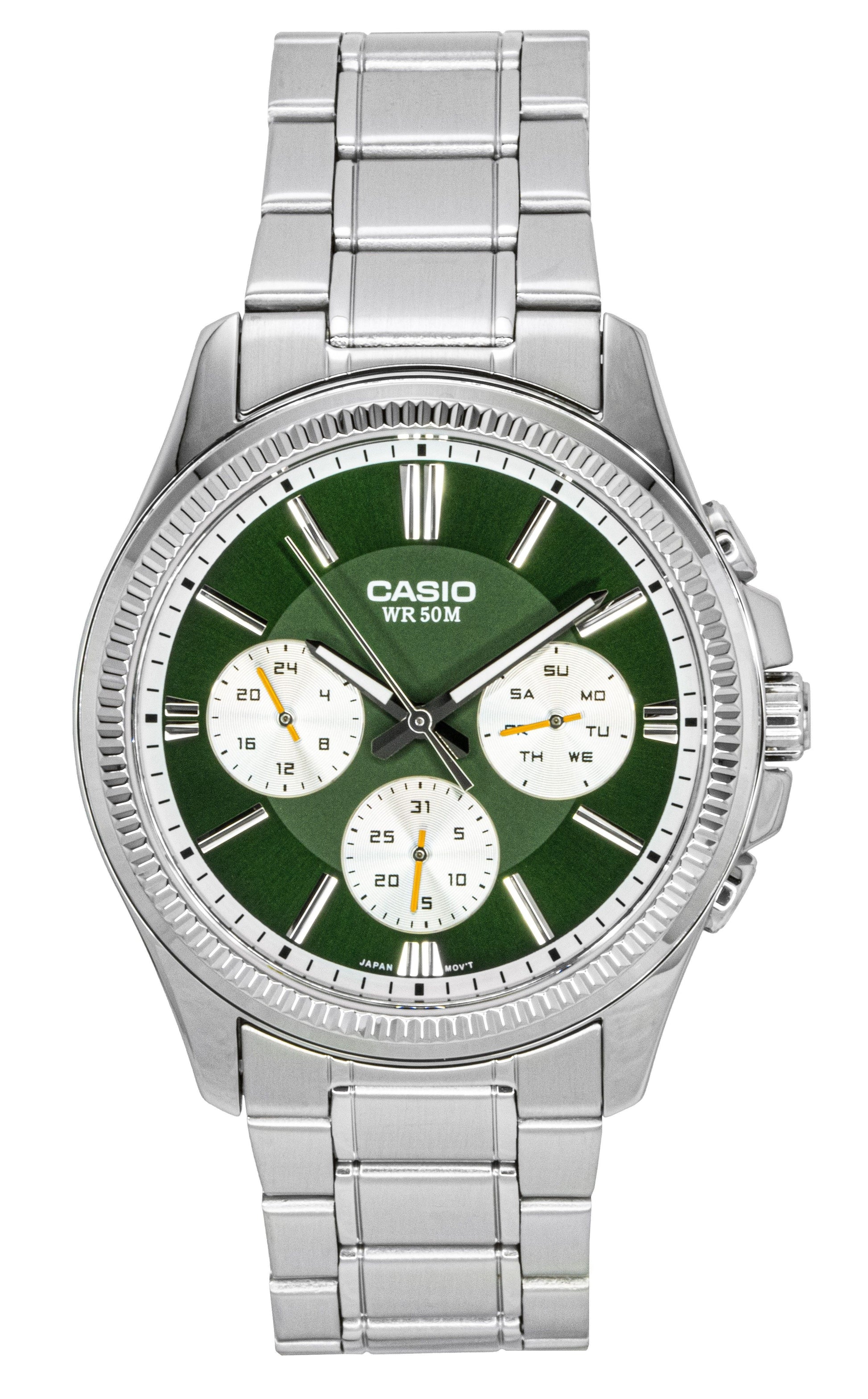Casio Enticer Quartz movement Green Stainless steel Male MTP-1375D-3. A brand-new Casio Enticer watch featuring a Green dial and a Stainless steel strap. Front view.