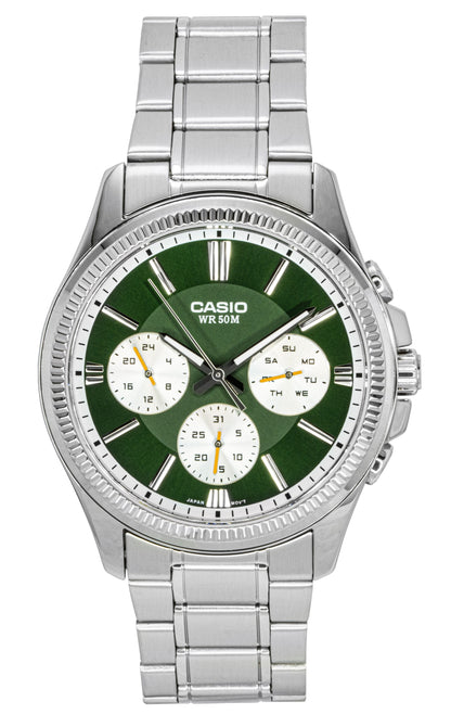 Casio Enticer Quartz movement Green Stainless steel Male MTP-1375D-3. A brand-new Casio Enticer watch featuring a Green dial and a Stainless steel strap. Front view.