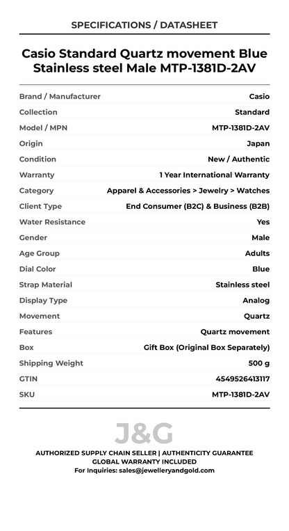 Casio Standard Quartz movement Blue Stainless steel Male MTP-1381D-2AV - Specifications