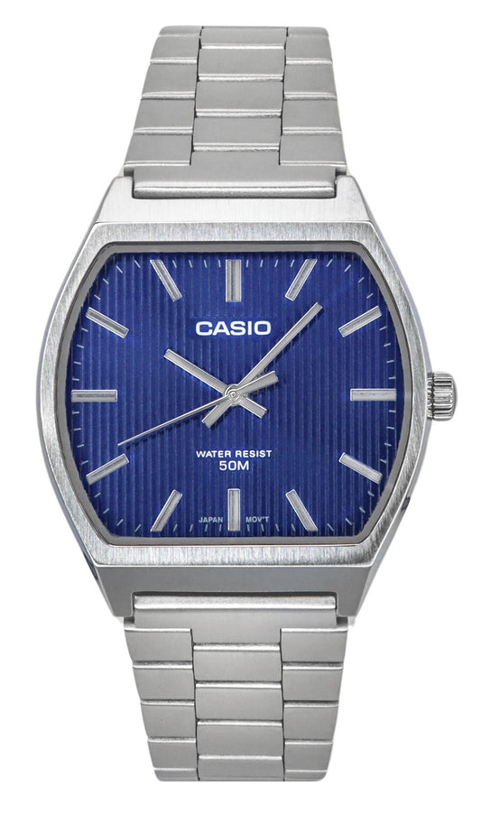 Casio Standard Deployment clasp Blue Stainless steel Male MTP-B140D-2A. A brand-new Casio Standard watch featuring a Blue dial and a Stainless steel strap. Angled view.