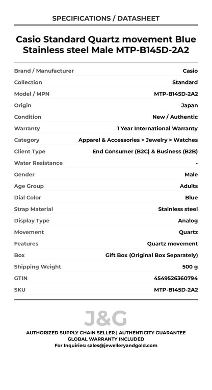 Casio Standard Quartz movement Blue Stainless steel Male MTP-B145D-2A2 - Specifications