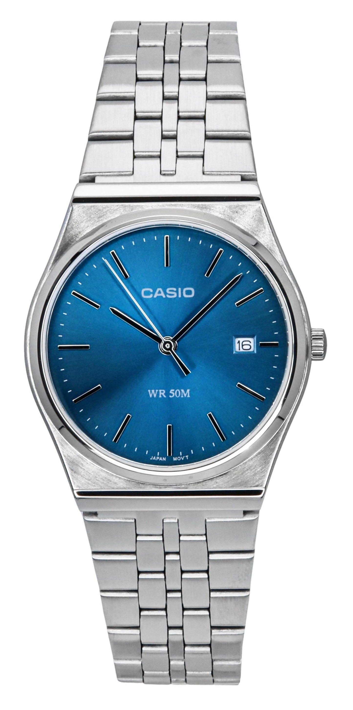 Casio Standard Quartz movement Blue Stainless steel Male MTP-B145D-2A2. A brand-new Casio Standard watch featuring a Blue dial and a Stainless steel strap. Side view.