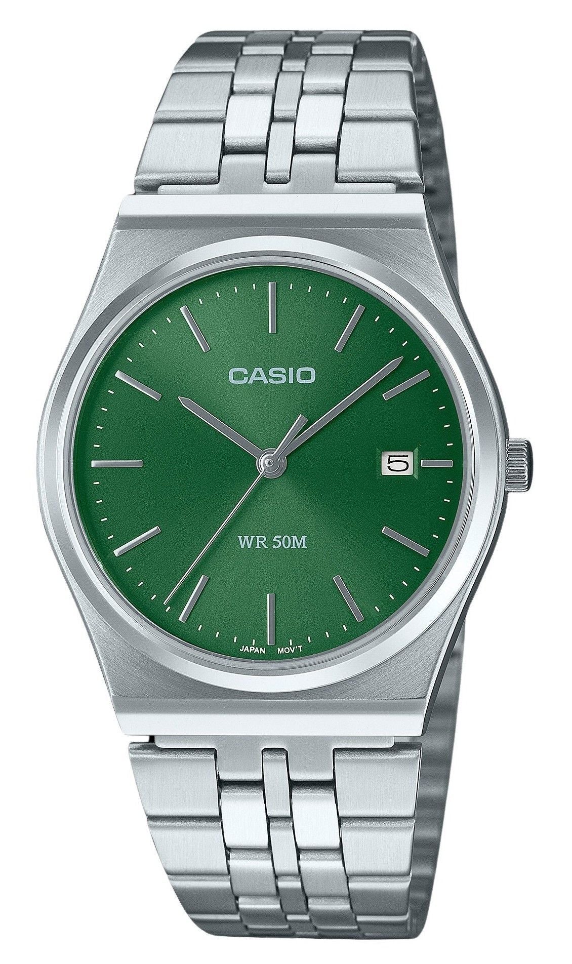 Casio Standard Quartz movement Green Stainless steel Male MTP-B145D-3AV. A brand-new Casio Standard watch featuring a Green dial and a Stainless steel strap. Front view.