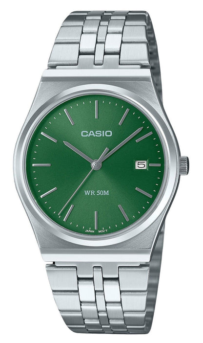 Casio Standard Quartz movement Green Stainless steel Male MTP-B145D-3AV. A brand-new Casio Standard watch featuring a Green dial and a Stainless steel strap. Front view.