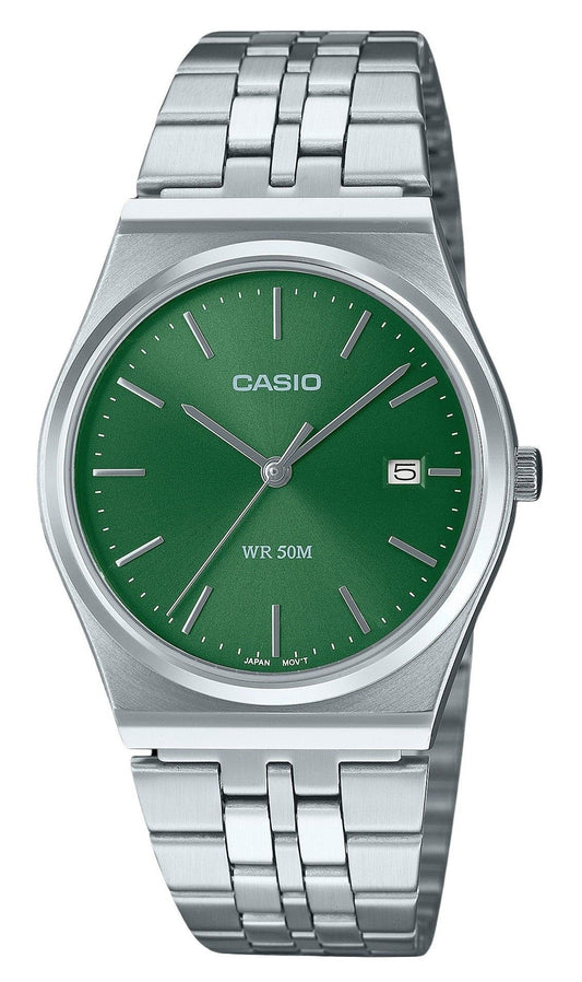 Casio Standard Quartz movement Green Stainless steel Male MTP-B145D-3AV. A brand-new Casio Standard watch featuring a Green dial and a Stainless steel strap. Front view.