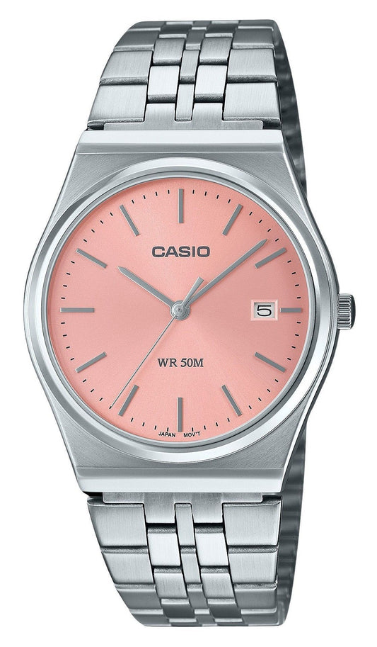 Casio Standard Quartz movement Pink Stainless steel Male MTP-B145D-4AV. A brand-new Casio Standard watch featuring a Pink dial and a Stainless steel strap. Front view.