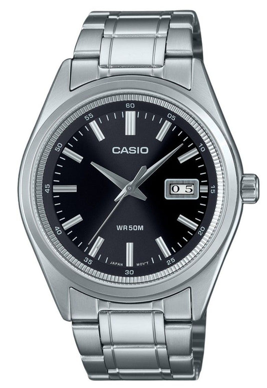 Casio Standard Quartz movement Black Stainless steel Male MTP-B180D-1A1V. A brand-new Casio Standard watch featuring a Black dial and a Stainless steel strap. Side view.