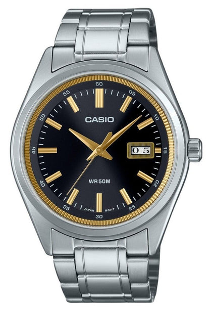 Casio Standard Quartz movement Black Stainless steel Male MTP-B180D-1A2V. A brand-new Casio Standard watch featuring a Black dial and a Stainless steel strap. Angled view.