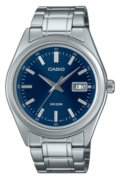 Casio Standard Quartz movement Blue Stainless steel Male MTP-B180D-2AV. A brand-new Casio Standard watch featuring a Blue dial and a Stainless steel strap. Angled view.