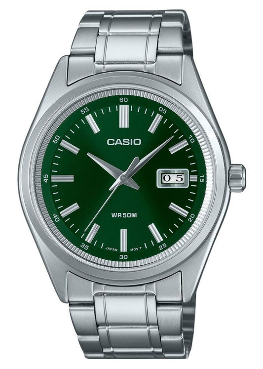 Casio Standard Quartz movement Green Stainless steel Male MTP-B180D-3AV. A brand-new Casio Standard watch featuring a Green dial and a Stainless steel strap. Front view.