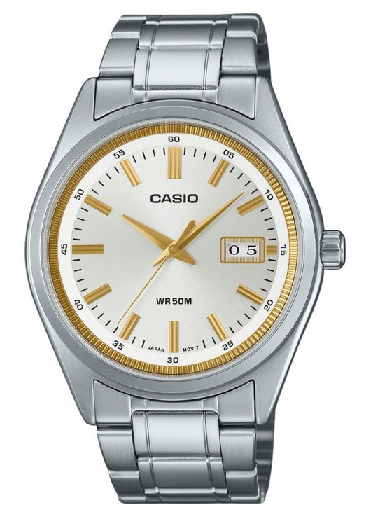 Casio Standard Quartz movement Silver Stainless steel Male MTP-B180D-7AV. A brand-new Casio Standard watch featuring a Silver dial and a Stainless steel strap. Front view.