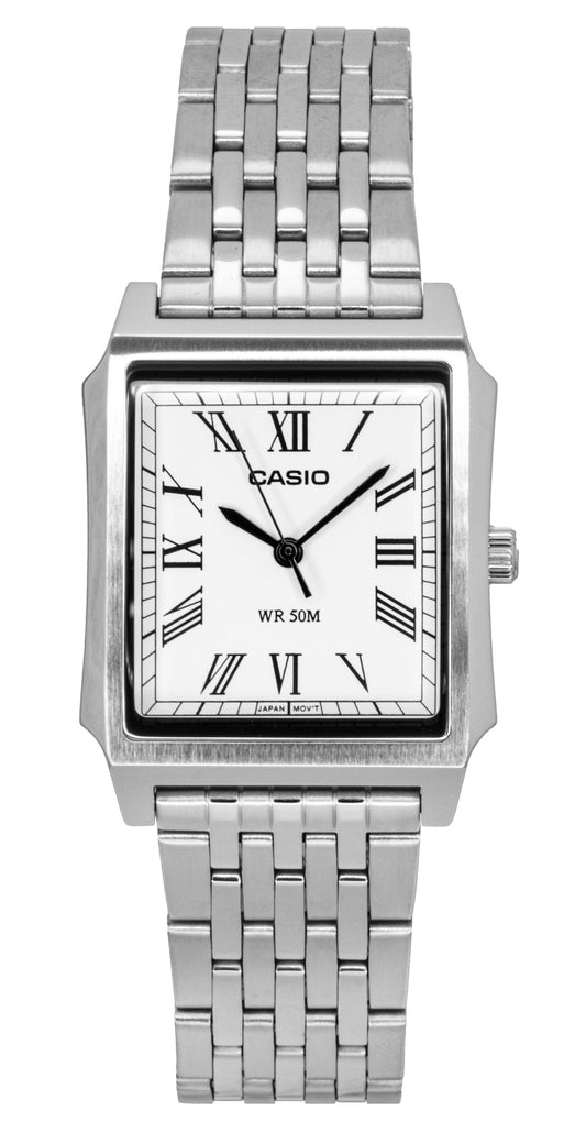 Casio Standard Quartz movement White Stainless steel Male MTP-B190D-7BV. A brand-new Casio Standard watch featuring a White dial and a Stainless steel strap. Side view.