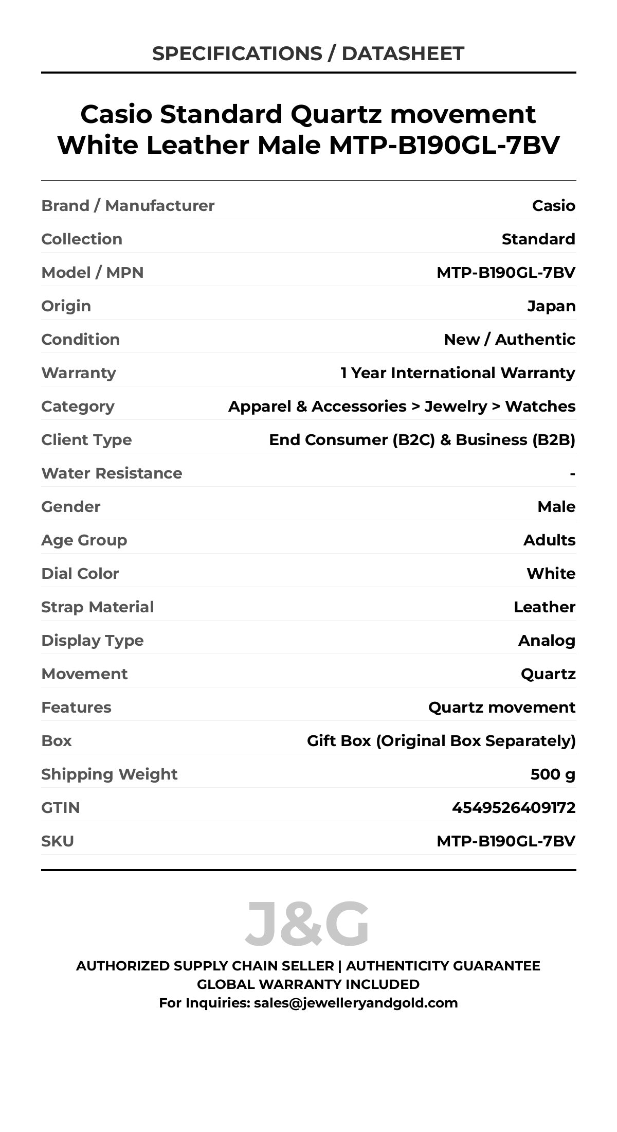 Casio Standard Quartz movement White Leather Male MTP-B190GL-7BV - Specifications