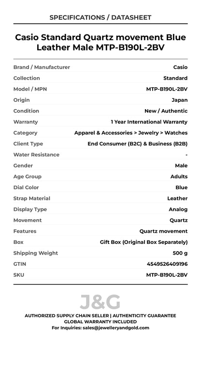 Casio Standard Quartz movement Blue Leather Male MTP-B190L-2BV - Specifications