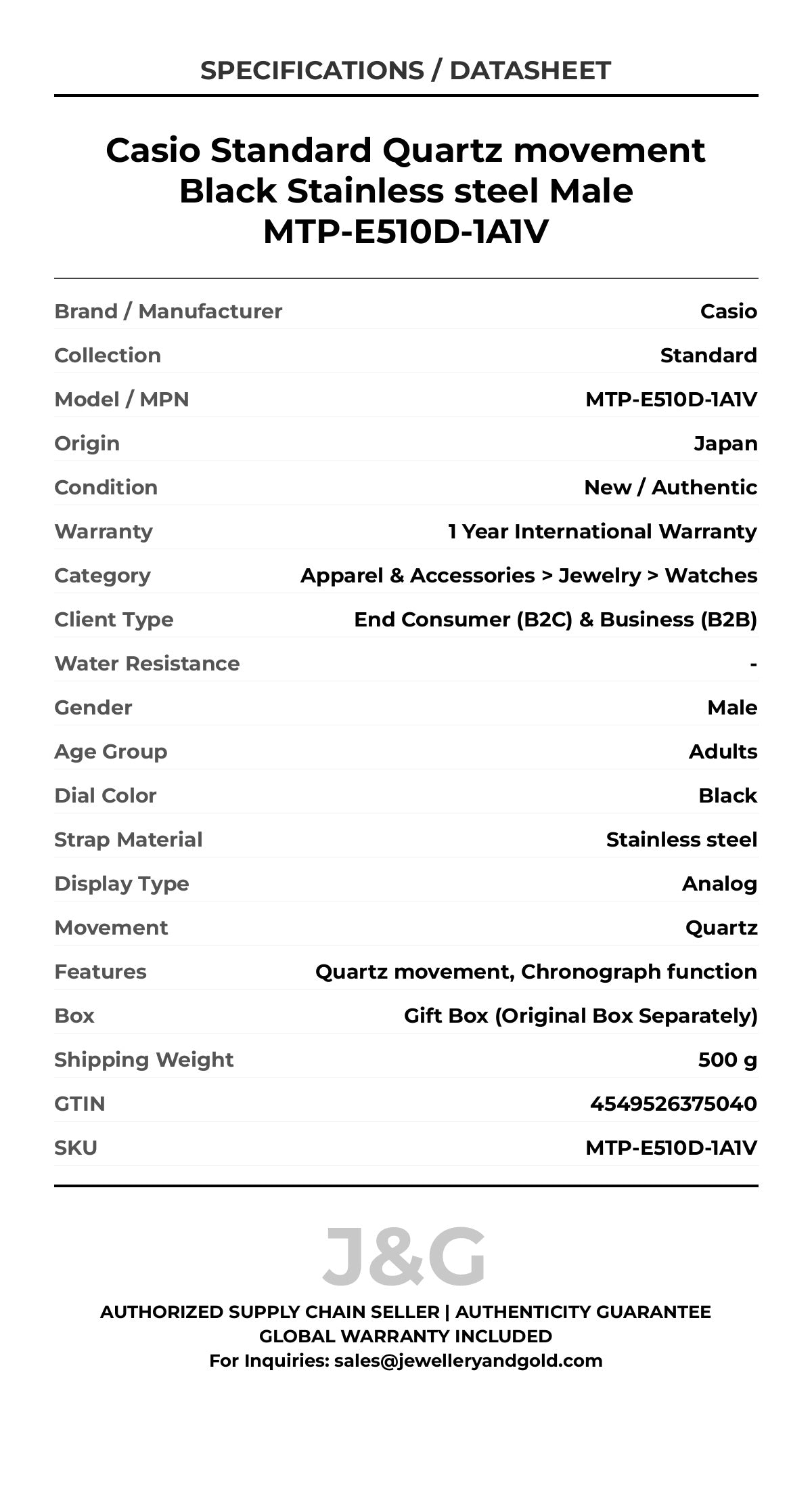 Casio Standard Quartz movement Black Stainless steel Male MTP-E510D-1A1V - Specifications