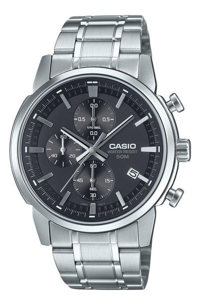 Casio Standard Quartz movement Black Stainless steel Male MTP-E510D-1A1V. A brand-new Casio Standard watch featuring a Black dial and a Stainless steel strap. Front view.