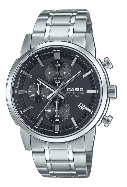 Casio Standard Quartz movement Black Stainless steel Male MTP-E510D-1A1V. A brand-new Casio Standard watch featuring a Black dial and a Stainless steel strap. Front view.