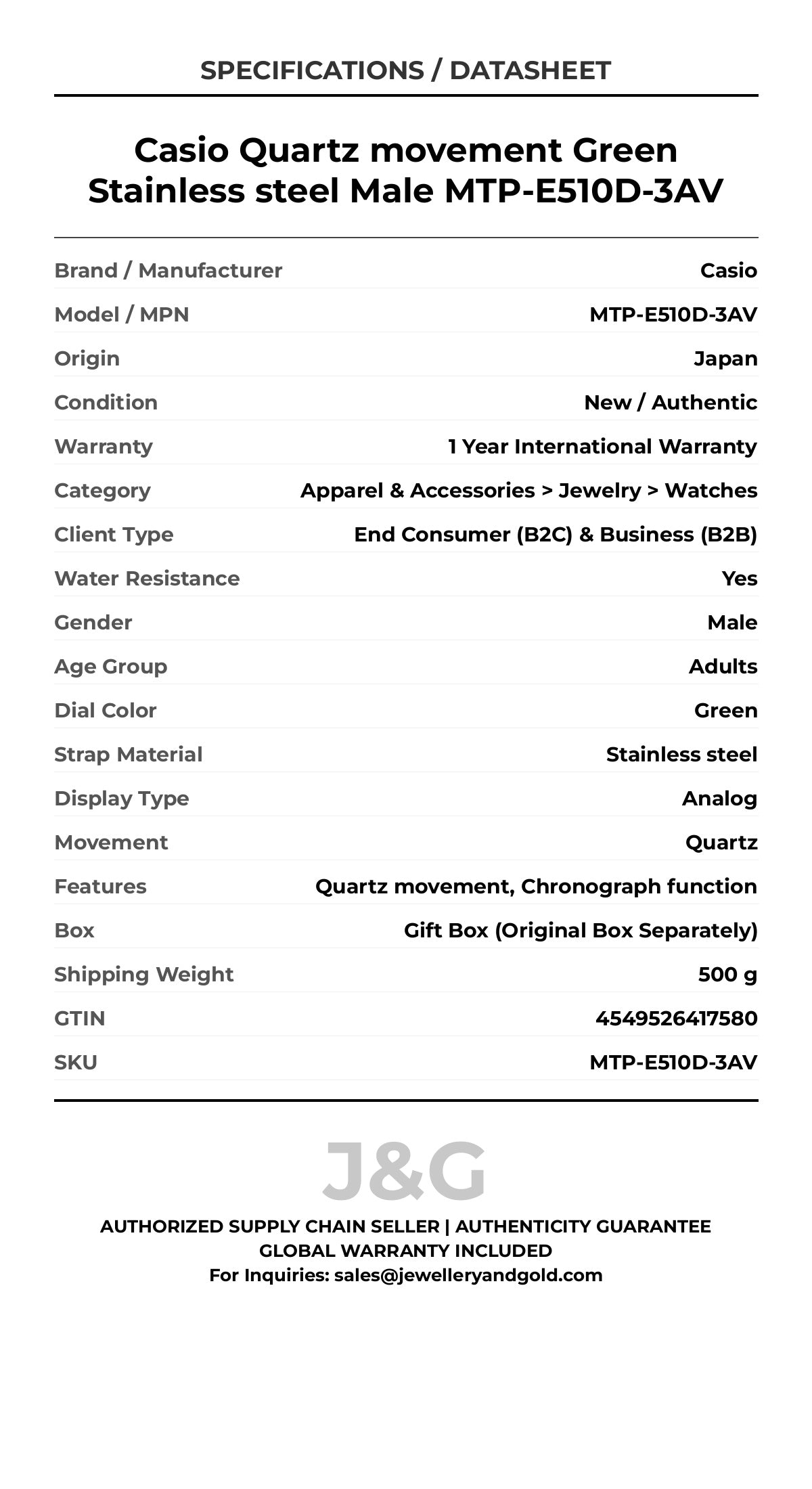 Casio Quartz movement Green Stainless steel Male MTP-E510D-3AV - Specifications
