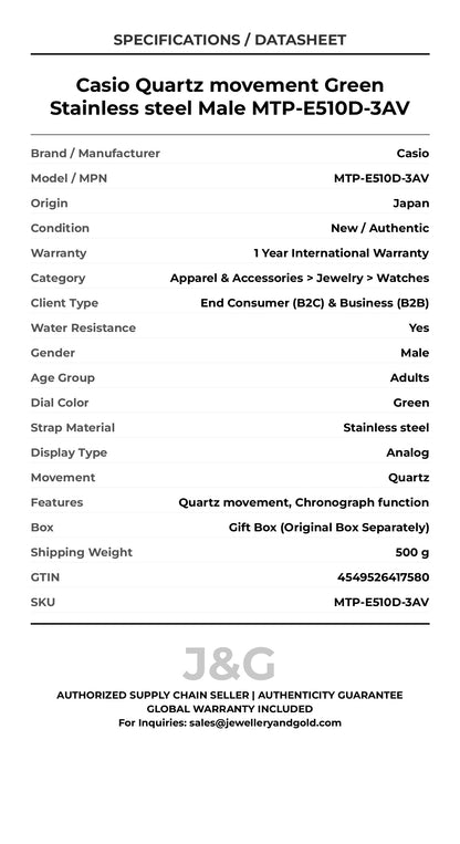 Casio Quartz movement Green Stainless steel Male MTP-E510D-3AV - Specifications