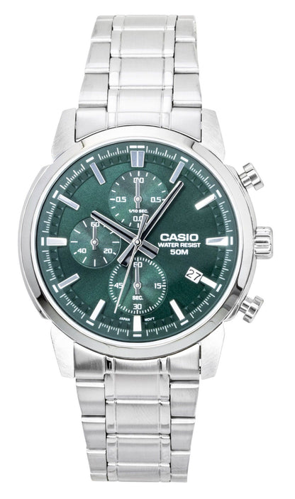 Casio Quartz movement Green Stainless steel Male MTP-E510D-3AV. A brand-new Casio watch featuring a Green dial and a Stainless steel strap. Front view.