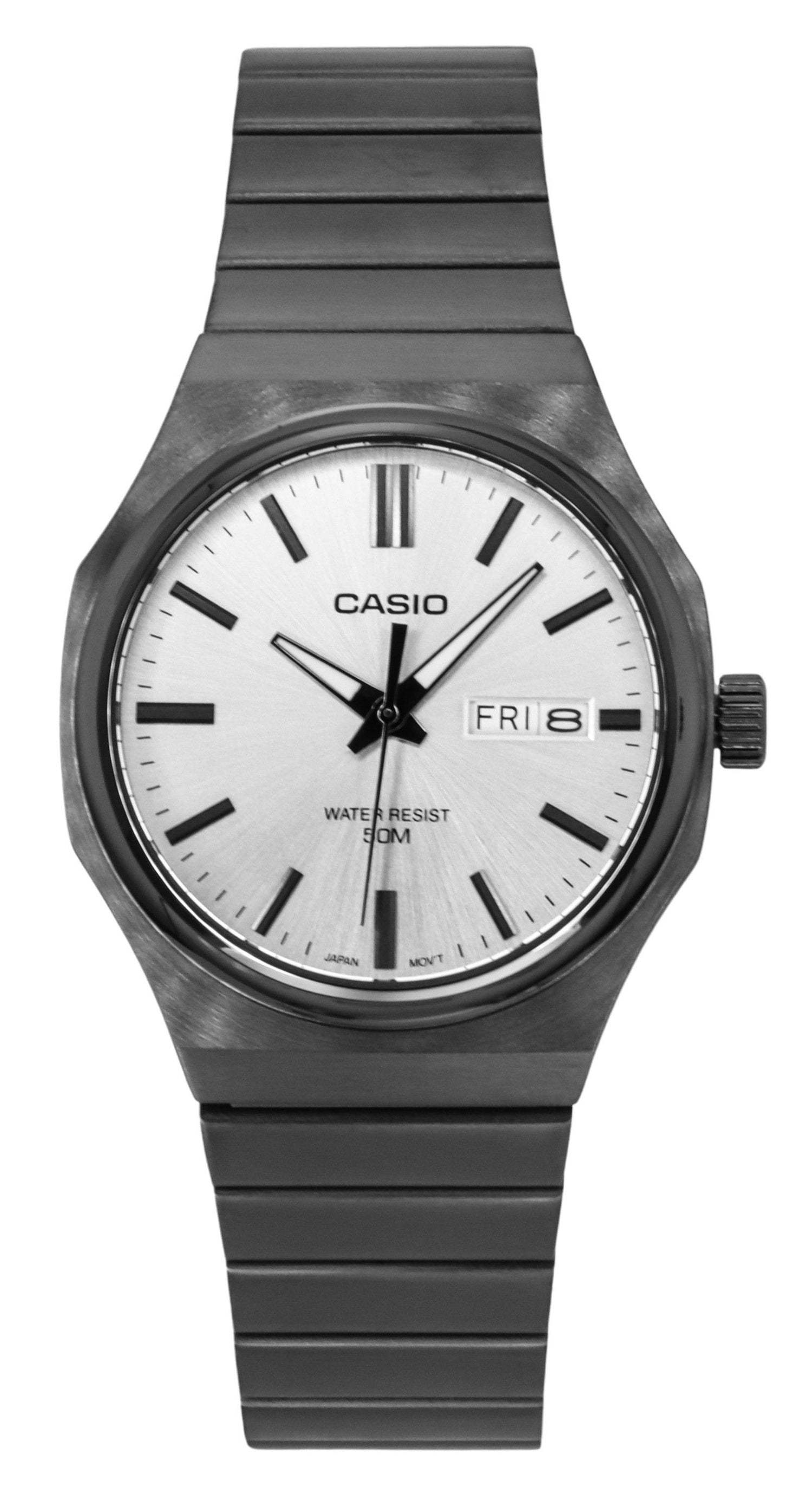 Casio Standard Date display Silver Stainless steel Male MTP-E735B-7AV. A brand-new Casio Standard watch featuring a Silver dial and a Stainless steel strap. Side view.