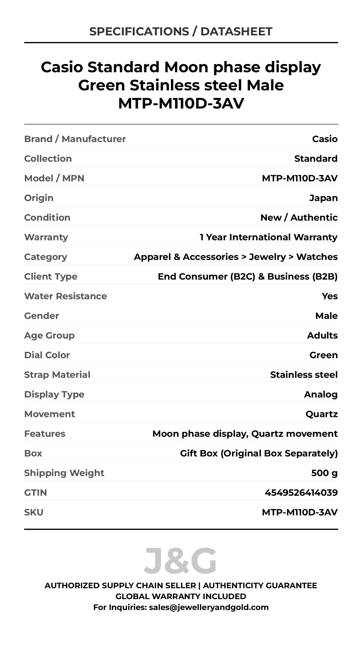 Casio Standard Moon phase display Green Stainless steel Male MTP-M110D-3AV - Specifications
