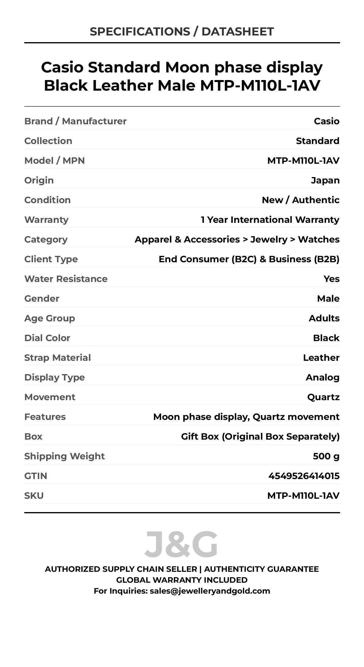 Casio Standard Moon phase display Black Leather Male MTP-M110L-1AV - Specifications