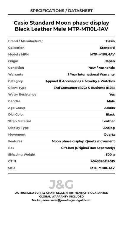 Casio Standard Moon phase display Black Leather Male MTP-M110L-1AV - Specifications