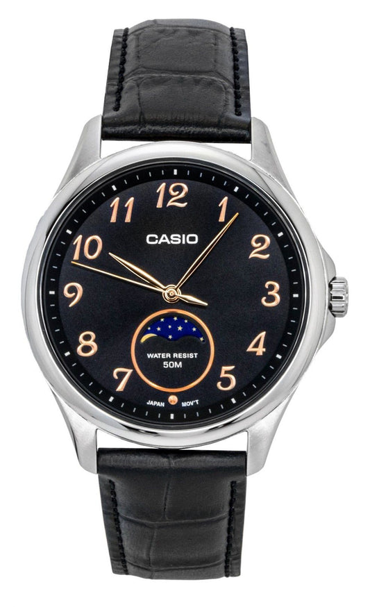 Casio Standard Moon phase display Black Leather Male MTP-M110L-1AV. A brand-new Casio Standard watch featuring a Black dial and a Leather strap. Angled view.